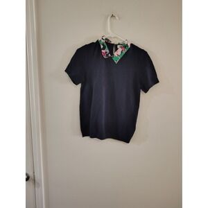 J.Crew Womens Navy Blue Short Sleeve Sweater Floral Contrast Collar Top Small